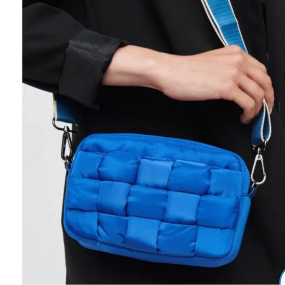 Sol And Selene Inspiration Blue Quilted Nylon Puffer Crossbody Bag.